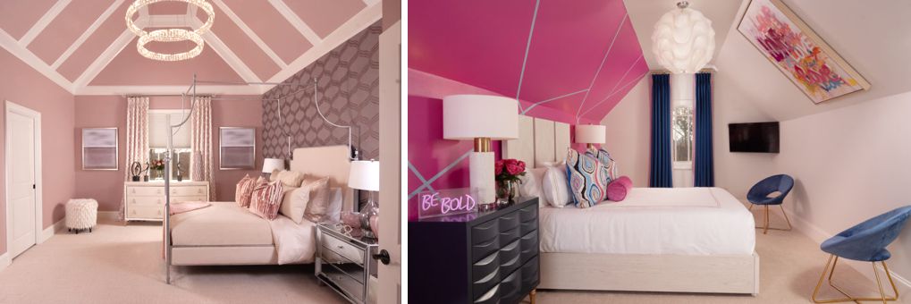 These two bedrooms highlight how to deal with tall ceilings or awkward shaped ceilings.