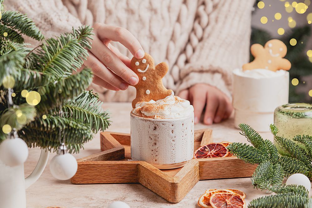 Hot chocolate and a gingerbread cookie speaks for Christmas comfort.