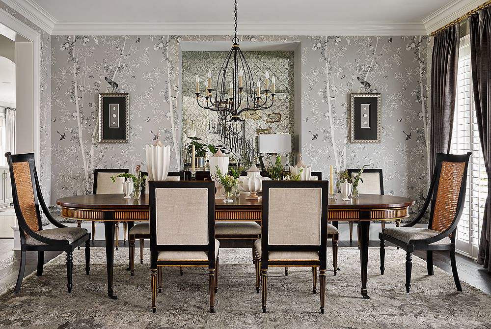 Custom wallpaper hugs the walls in this traditional dining room.
